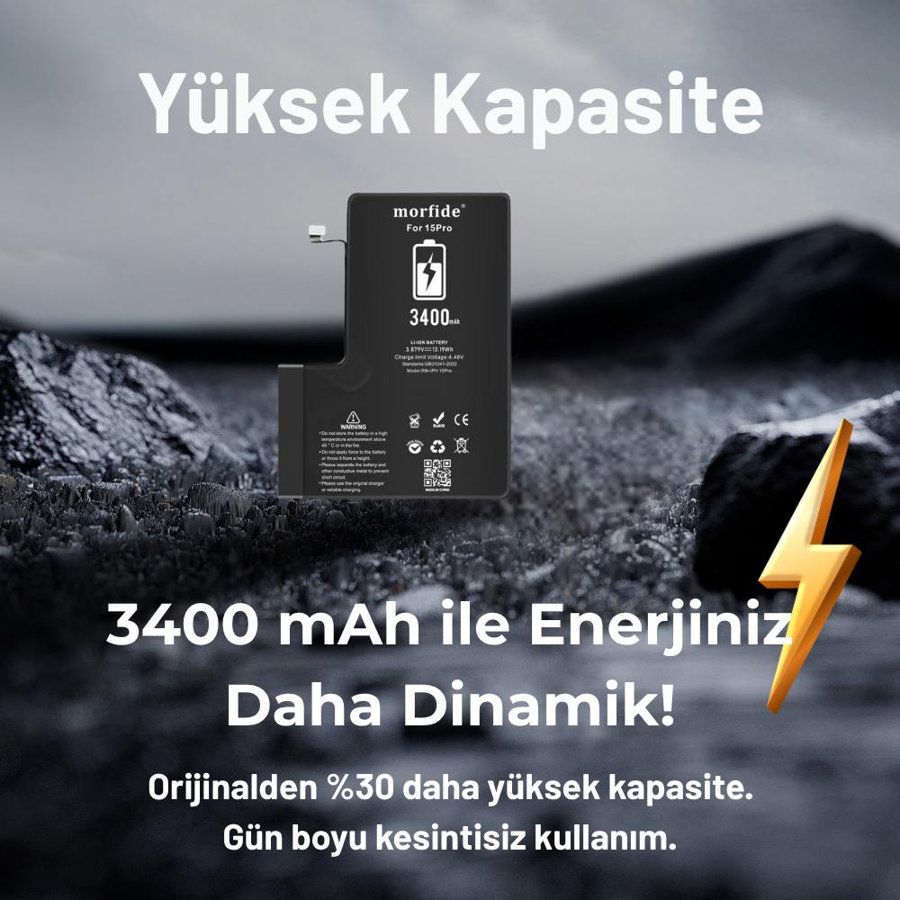 Apple iPhone 15 Pro Uyumlu 3400mAh Yüksek Kapasiteli Batarya - Gelişmiş Akıllı Chip - Pil Sağlığı Destekli - Morfide M-Max