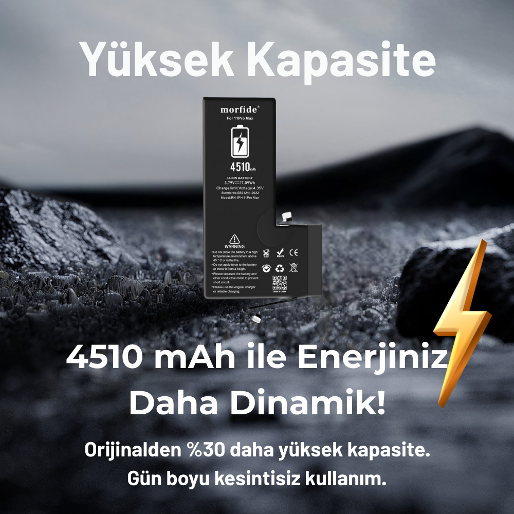 Apple iPhone 11 Pro Max Uyumlu 3410mAh Yüksek Kapasiteli Batarya Morfide M-Max – A Sınıf Hücre, 15 Ay Garantili