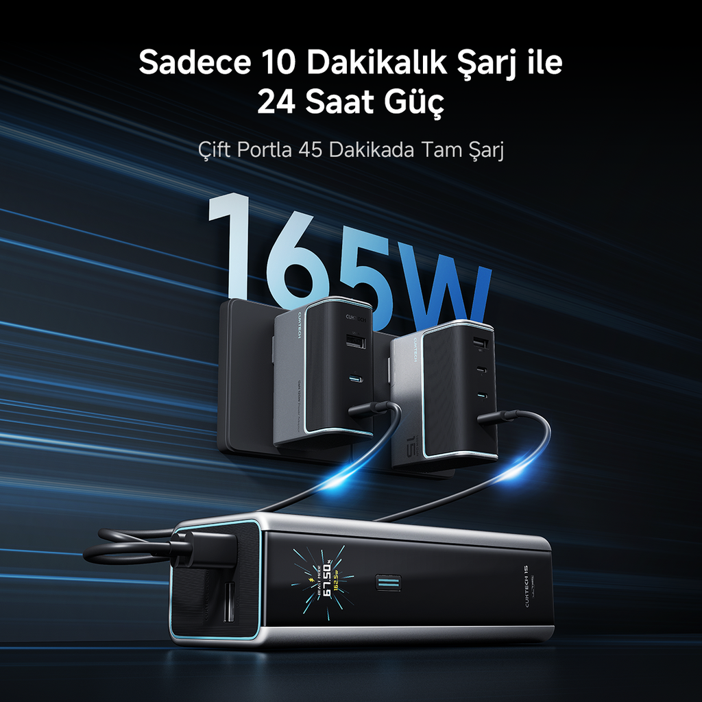 CUKTECH 15 Ultra 20000 mAh 165W PD 3.1 Powerbank | Laptop, iPhone, MacBook, Samsung ve Diğer Cihazlarla Uyumlu Dijital Ekranlı Hızlı Şarj Cihazı