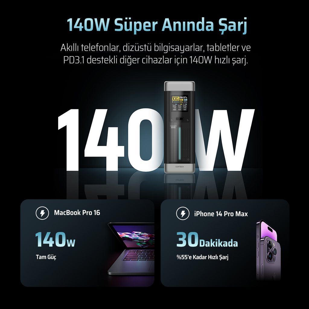CUKTECH 20 Power Bank 25000mAh | 210W PD3.1 Süper Hızlı Şarj | 3 Port (2C1A) | TFT Ekranlı Taşınabilir Şarj Cihazı – Laptop, MacBook, iPhone, Samsung, Xiaomi ile Uyumlu