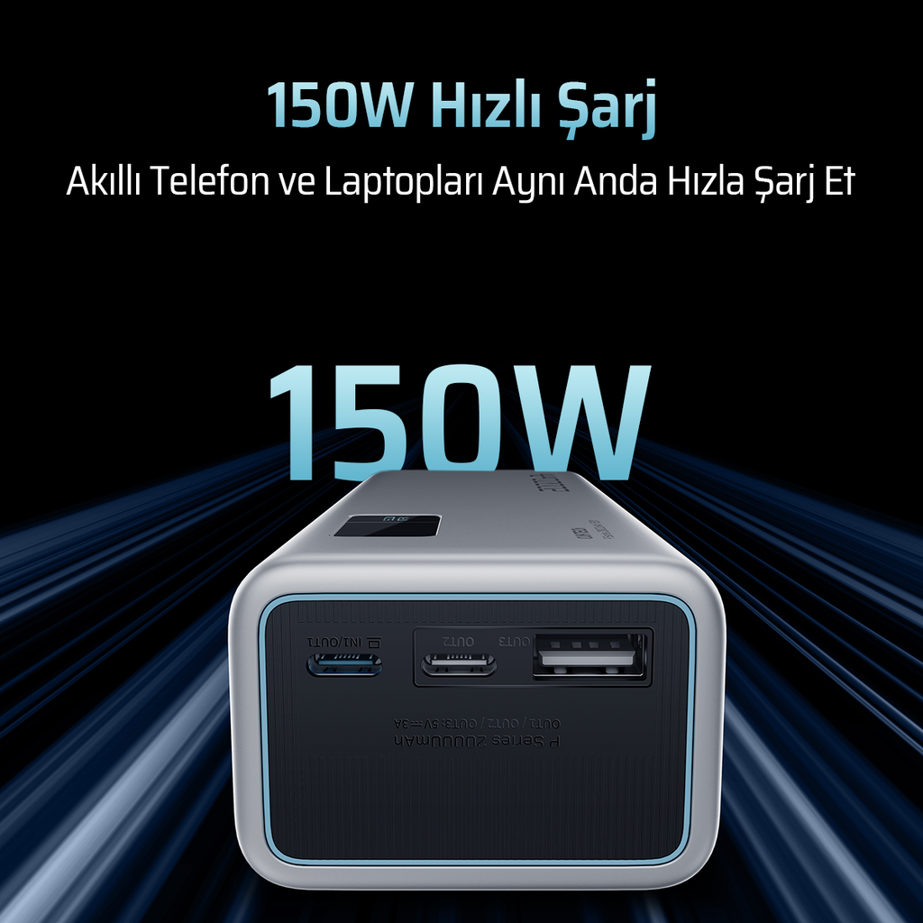 CUKTECH 15 Powerbank 20000 mAh | 150 W PD3.1 Süper Hızlı Şarj | 3 Port (2C1A) | TFT Ekranlı Taşınabilir Şarj Cihazı – Laptop, MacBook, iPhone, Samsung, Xiaomi ile Uyumlu