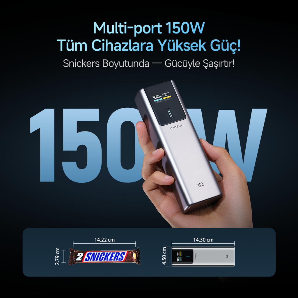 CUKTECH 10 Powerbank 10000 mAh | 150 W PD3.1 Hızlı Şarj | 2 Port (1C1A) | Kompakt Taşınabilir Şarj Cihazı – Laptop, MacBook, iPhone, Samsung, Xiaomi ile Uyumlu