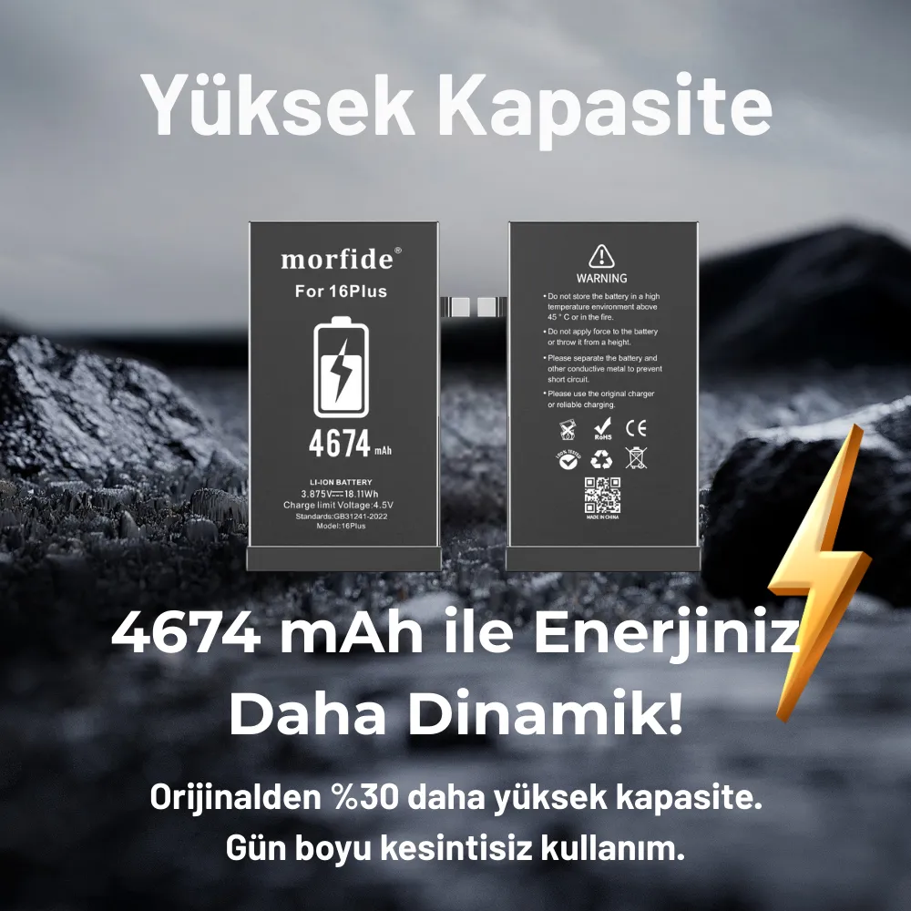 Apple iPhone 16 Plus Uyumlu 4674mAh Yüksek Kapasiteli Batarya - Gelişmiş Akıllı Chip - Pil Sağlığı Destekli - Morfide M-Max