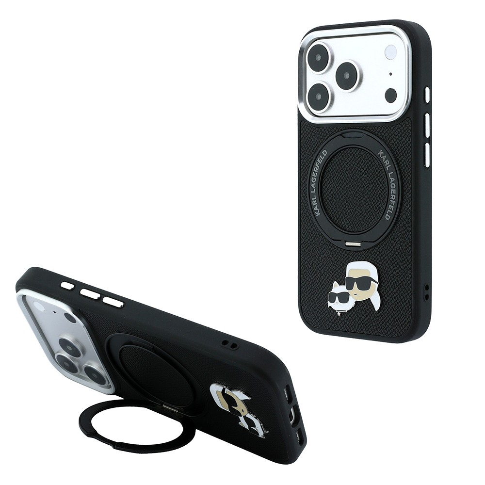Apple iPhone 18 Pro Uyumlu Kılıf Karl Lagerfeld Orjinal Lisanslı M-Safe Şarj Özellikli K&C Heads Pin Metal Logolu PU 360 Derece Dönebilen Standlı Kapak - 1