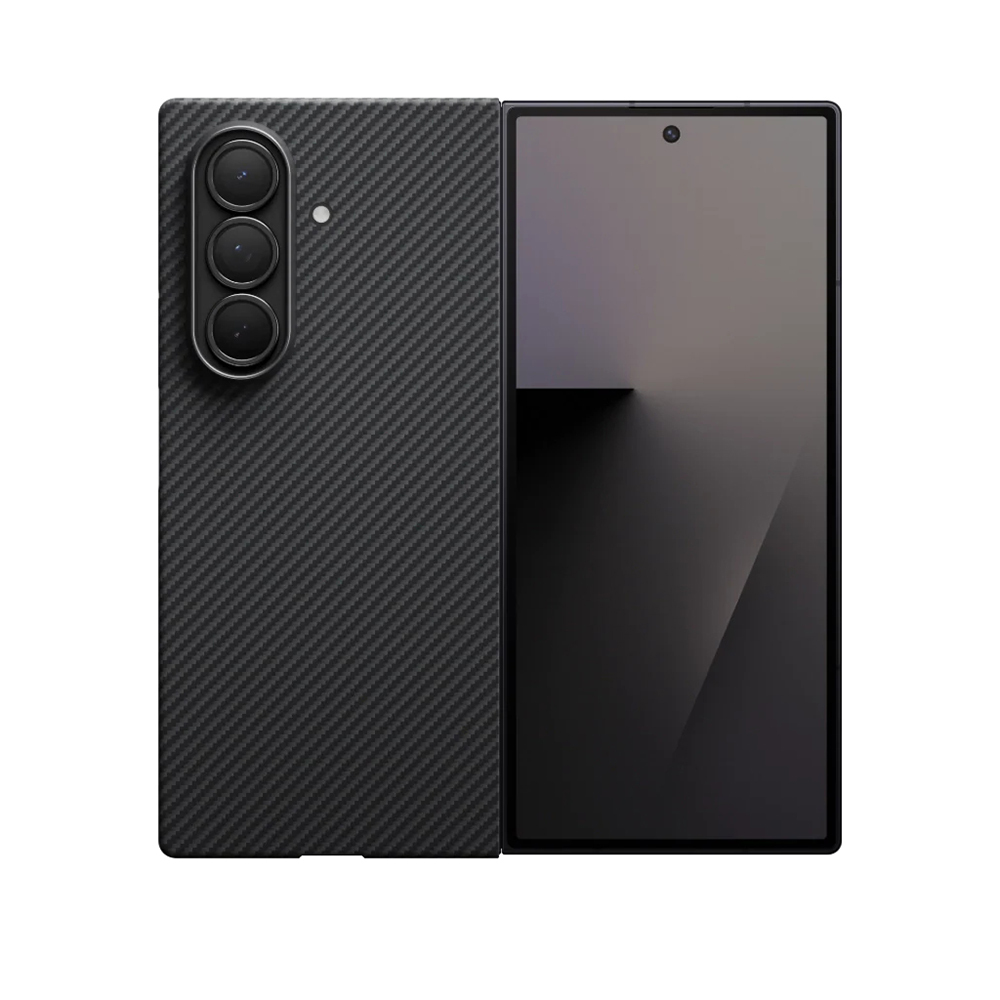 Galaxy Z Fold 7 Kılıf M-safe Şarj Özellikli 600D Aramid Fiber Pitaka Ultra-Slim Classic Serisi Black-Grey Twill Kapak - 1