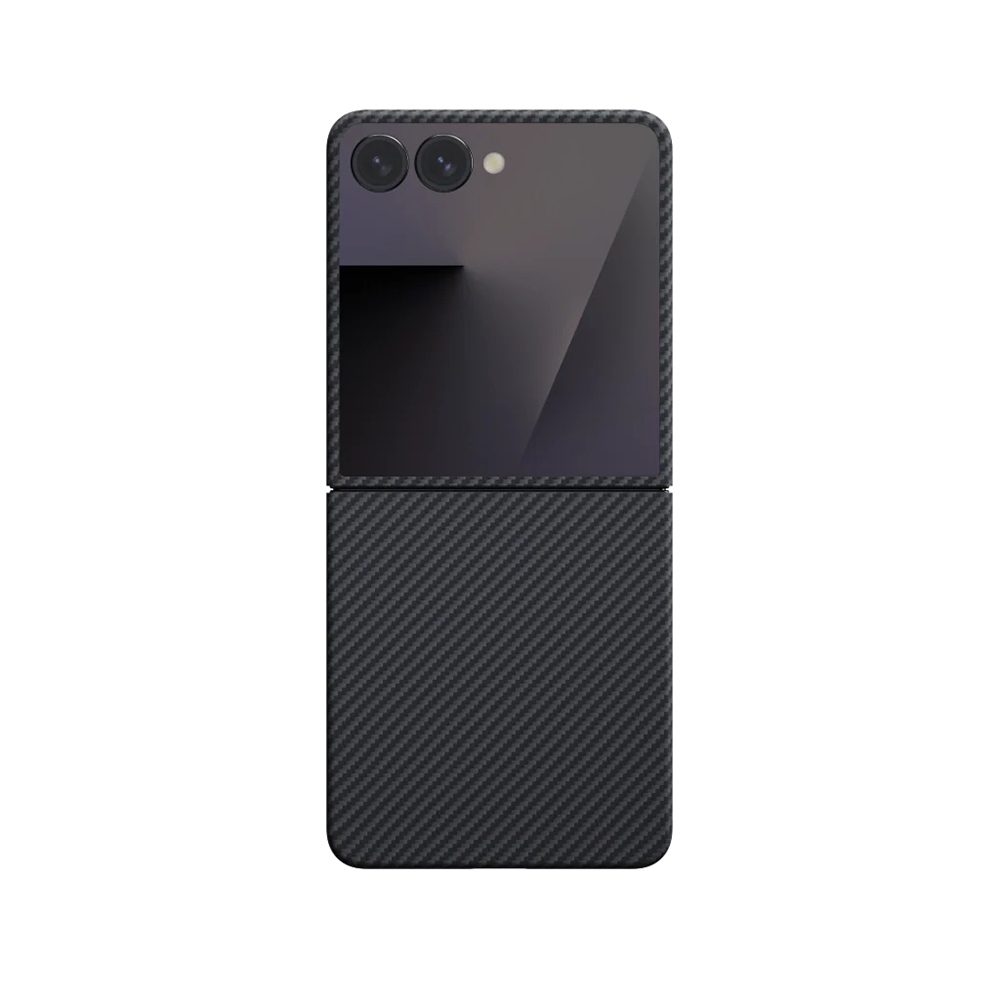 Samsung Galaxy Z Flip Uyumlu 7 Kılıf M-safe Şarj Özellikli 600D Aramid Fiber Pitaka Ultra-Slim Classic Serisi Black-Grey Twill Kapak - 1