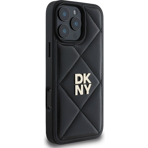 iPhone 16 Pro Max Uyumlu Kılıf Dkny Orjinal Lisanslı Kapitone Tasarımlı Metal Logolu Deri Siyah