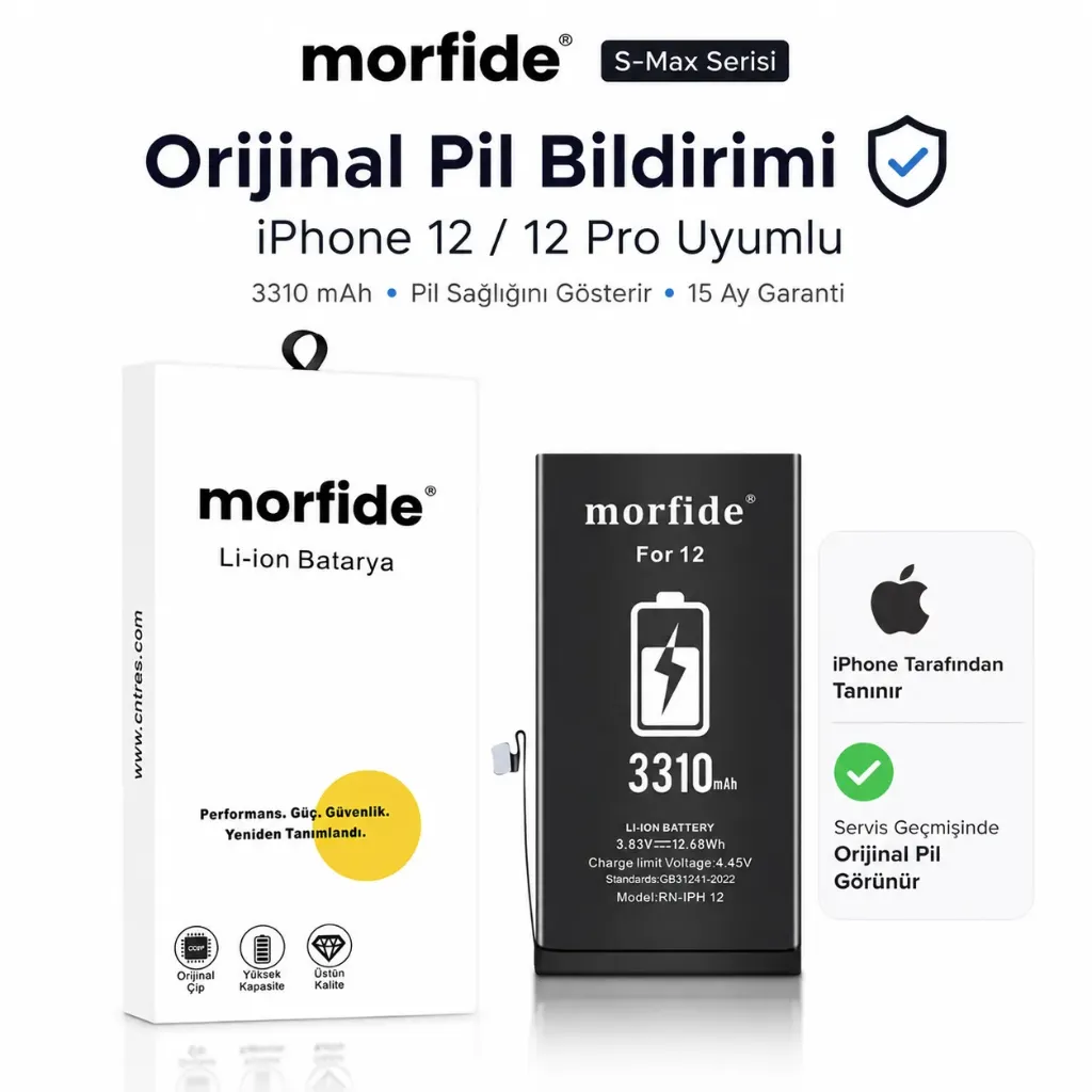 Apple iPhone 12 / 12 Pro Uyumlu Batarya 3310 mAh Orijinal Pil Bildirimi Pil Sağlığını Gösterir 15 Ay Garanti S-Max