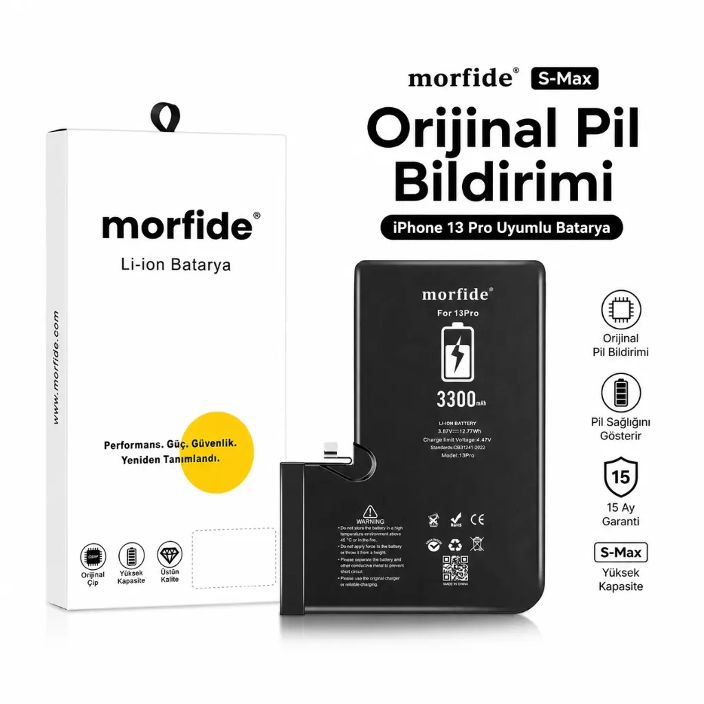 [RNO-IP13Pro] Apple iPhone 13 Pro Uyumlu Batarya 3300 mAh Orijinal Pil Bildirimi Pil Sağlığını Gösterir 15 Ay Garanti S-Max
