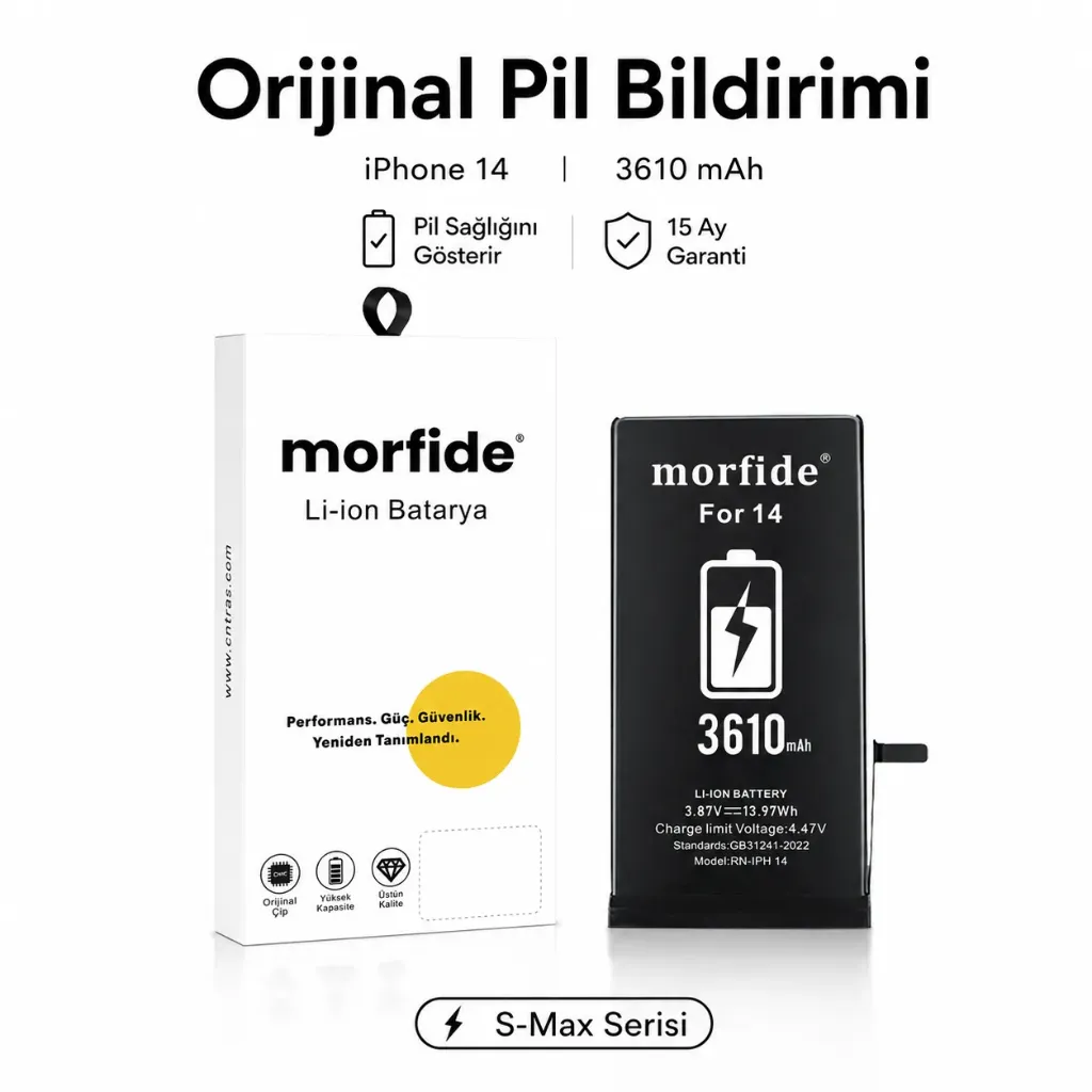 [RNO-IP14] Apple iPhone 14 Uyumlu Batarya 3610 mAh Orijinal Pil Bildirimi Pil Sağlığını Gösterir 15 Ay Garanti S-Max
