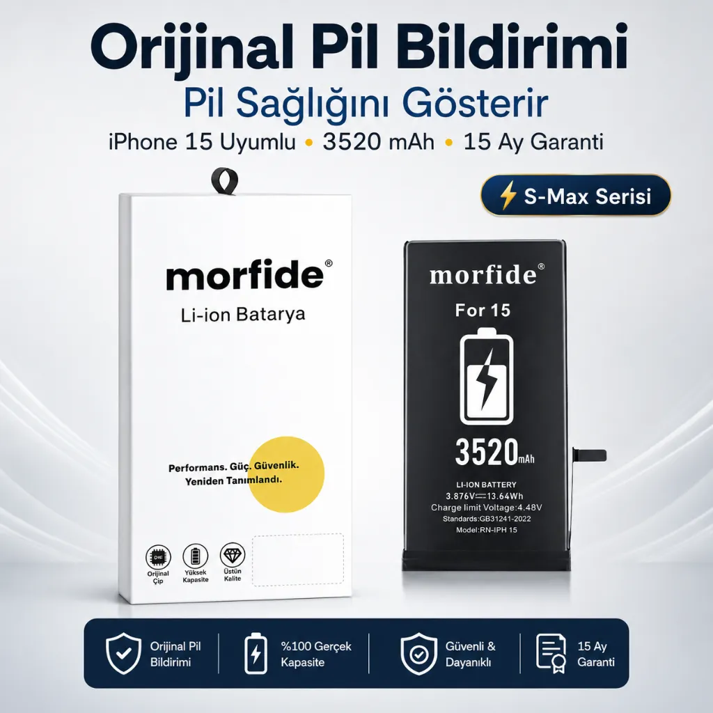 [RNO-IP15] Apple iPhone 15 Uyumlu Batarya 3520 mAh Orijinal Pil Bildirimi Pil Sağlığını Gösterir 15 Ay Garanti S-Max