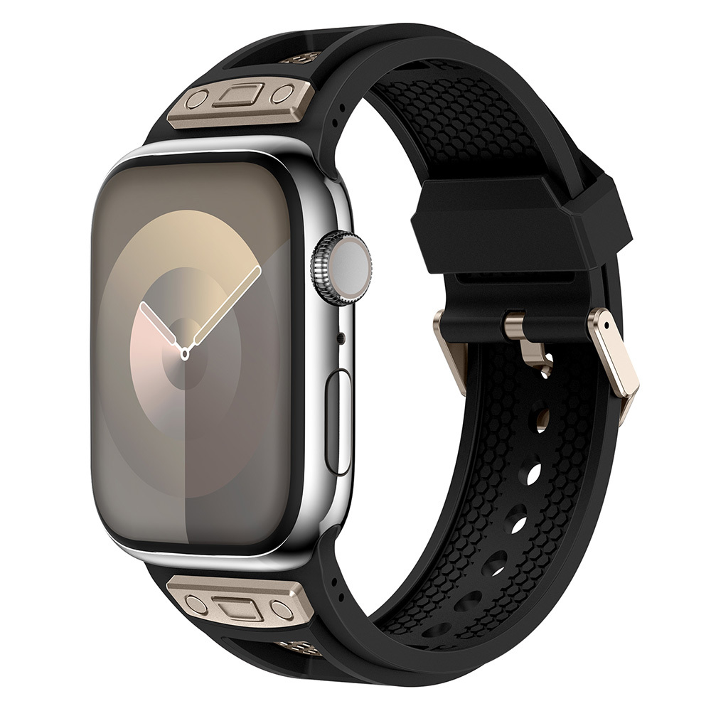 Apple Watch 7 45mm Uyumlu Kordon Zore KRD-117 Hava Alabilen Delikli Metal Süslemeli Desenli Silikon Kayış