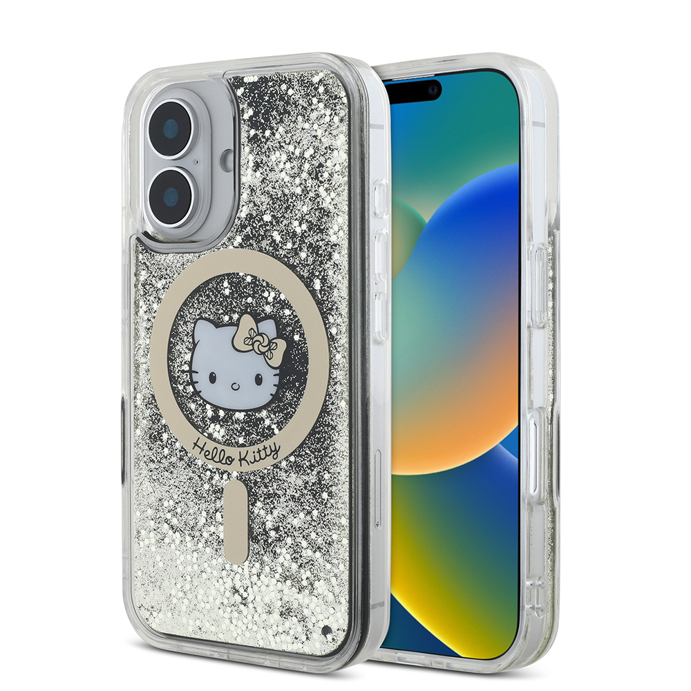 Apple iPhone 16 Uyumlu Kılıf Hello Kitty Orjinal Lisanslı M-safe Şarj Özellikli IML Baskı Kitty Head Logolu Sıvılı Simli Altın Ateşi Kapak