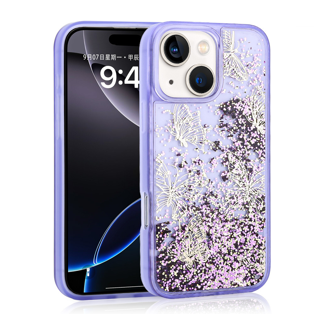 Apple iPhone 15 Uyumlu Kılıf Sıvılı Simli Kelebek Baskılı Şeffaf Arka Yüzey Zore Glis Silikon Kapak