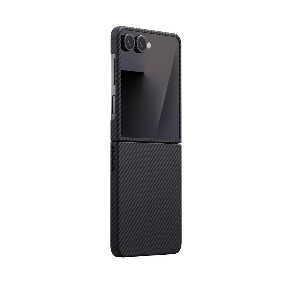 Samsung Galaxy Z Flip 7 Uyumlu Kılıf M-safe Şarj Özellikli 600D Aramid Fiber Pitaka Ultra-Slim Classic Serisi Black-Grey Twill Kapak