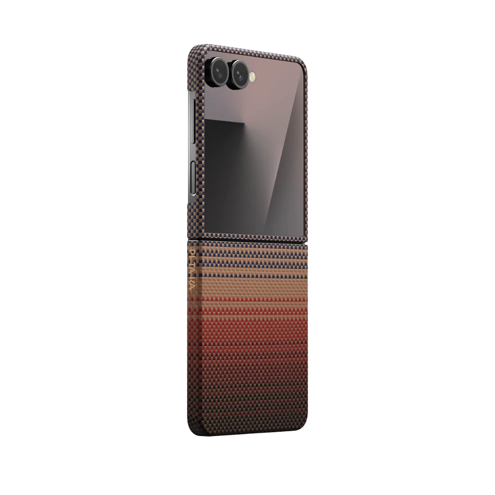 Samsung Galaxy Z Flip Uyumlu 7 Kılıf M-safe Şarj Özellikli Aramid Fiber Pitaka Tactile Woven Sunset-Moonrise Serisi Kapak