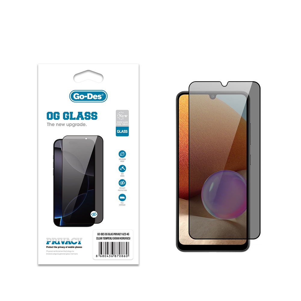 Samsung Galaxy A23 Uyumlu Go Des OG Glass Privacy Antistatik Temperli Cam Ekran Koruyucu