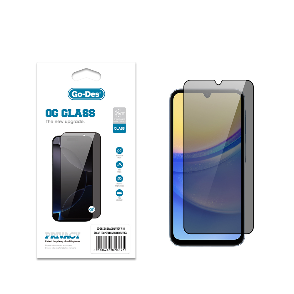 Samsung Galaxy A15 Uyumlu Go Des OG Glass Privacy Antistatik Temperli Cam Ekran Koruyucu