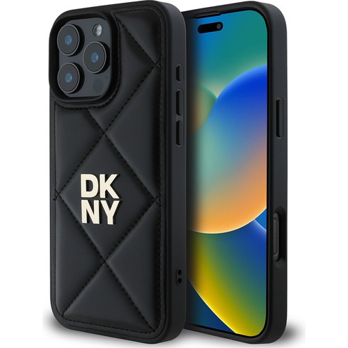 iPhone 16 Pro Max Uyumlu Kılıf Dkny Orjinal Lisanslı Kapitone Tasarımlı Metal Logolu Deri Siyah