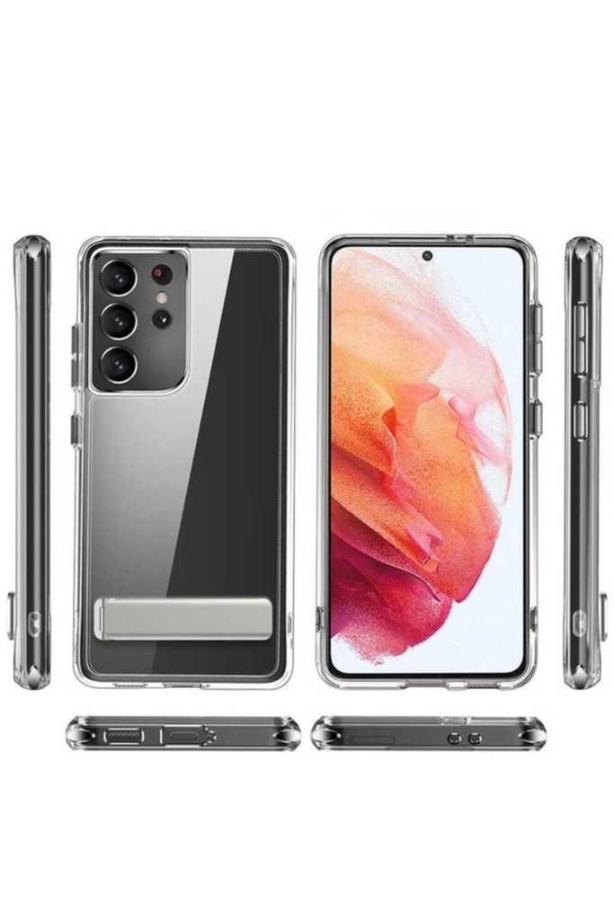 Samsung Galaxy S21 Ultra Uyumlu Kılıf Standlı Şeffaf Silikon Zore L-Stand Kapak