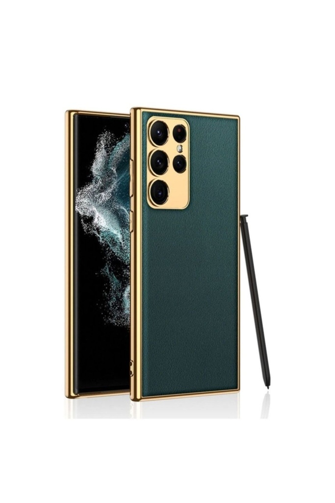 Samsung Galaxy S23 Ultra Uyumlu Kılıf Deri Görünümlü Kenarları Elektroplating Kaplama Zore Fizyon Kapak