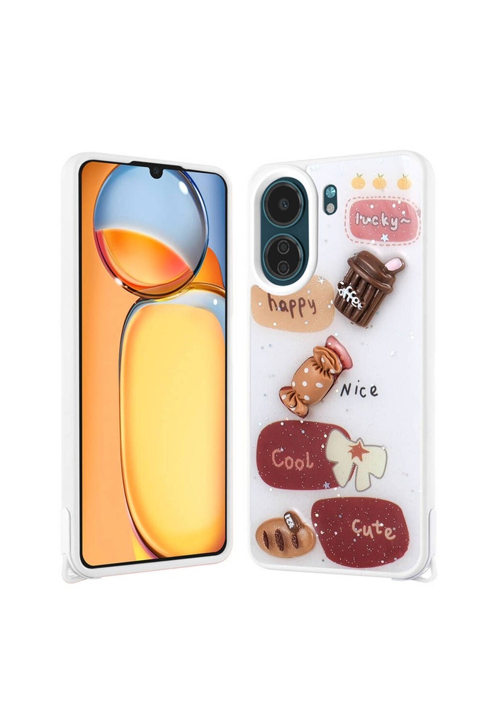 Xiaomi Redmi 13C Uyumlu Kılıf Parlayan Simli Kabartma Figürlü Zore Cevze Kapak