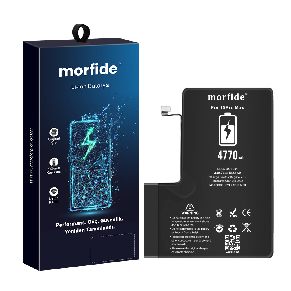 [RN-IP15ProMax] Apple iPhone 15 Pro Max Uyumlu 4770mAh Yüksek Kapasiteli Batarya - Gelişmiş Akıllı Chip - Pil Sağlığı Destekli - Morfide M-Max