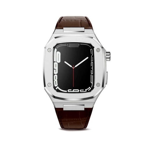 ​​​Apple Watch 44mm Uyumlu Kordon Deri Kordon Metal Kasa Korumalı Luxury KRD-67 Kayış